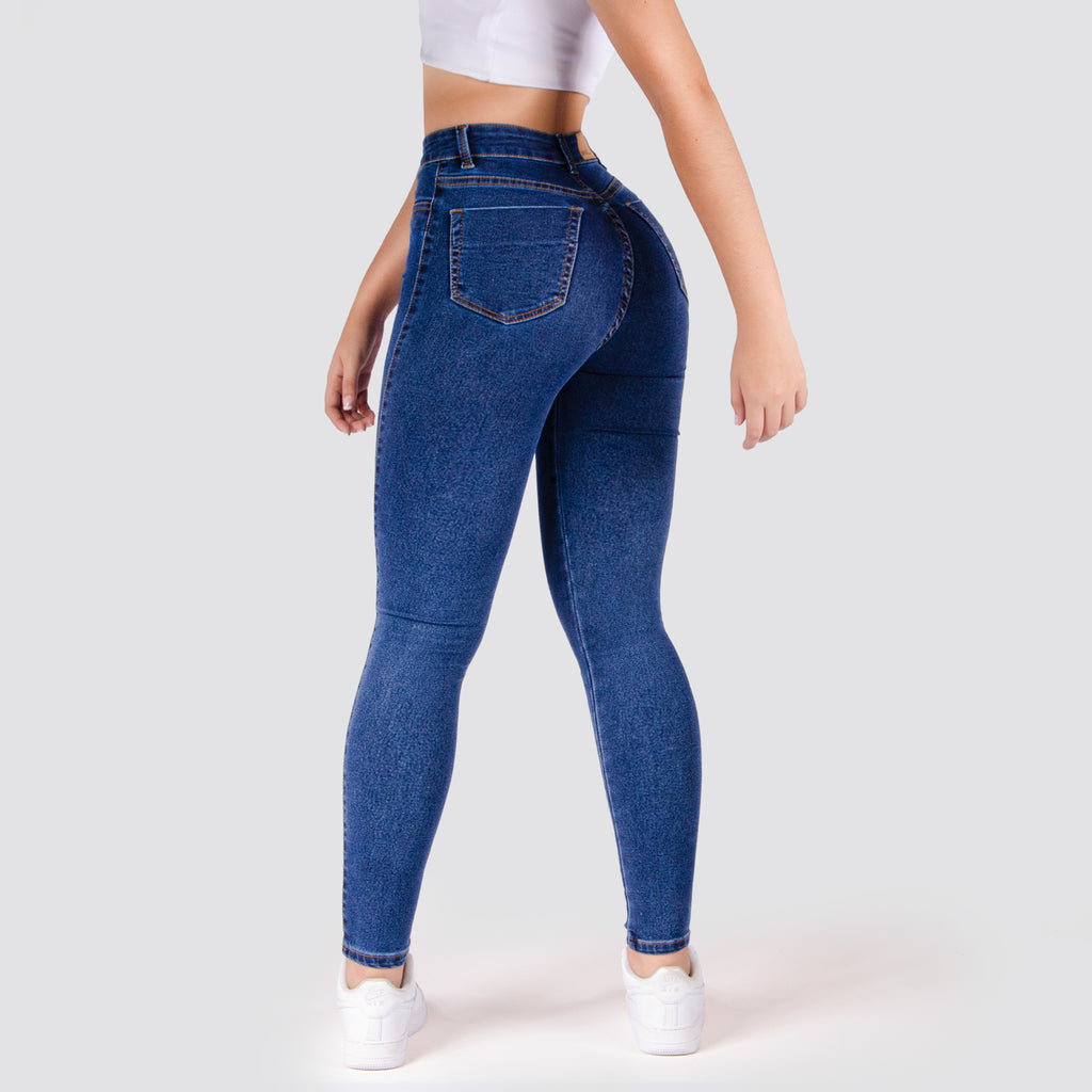 Jeans Skinny Tiro Alto Tono Medio Basic