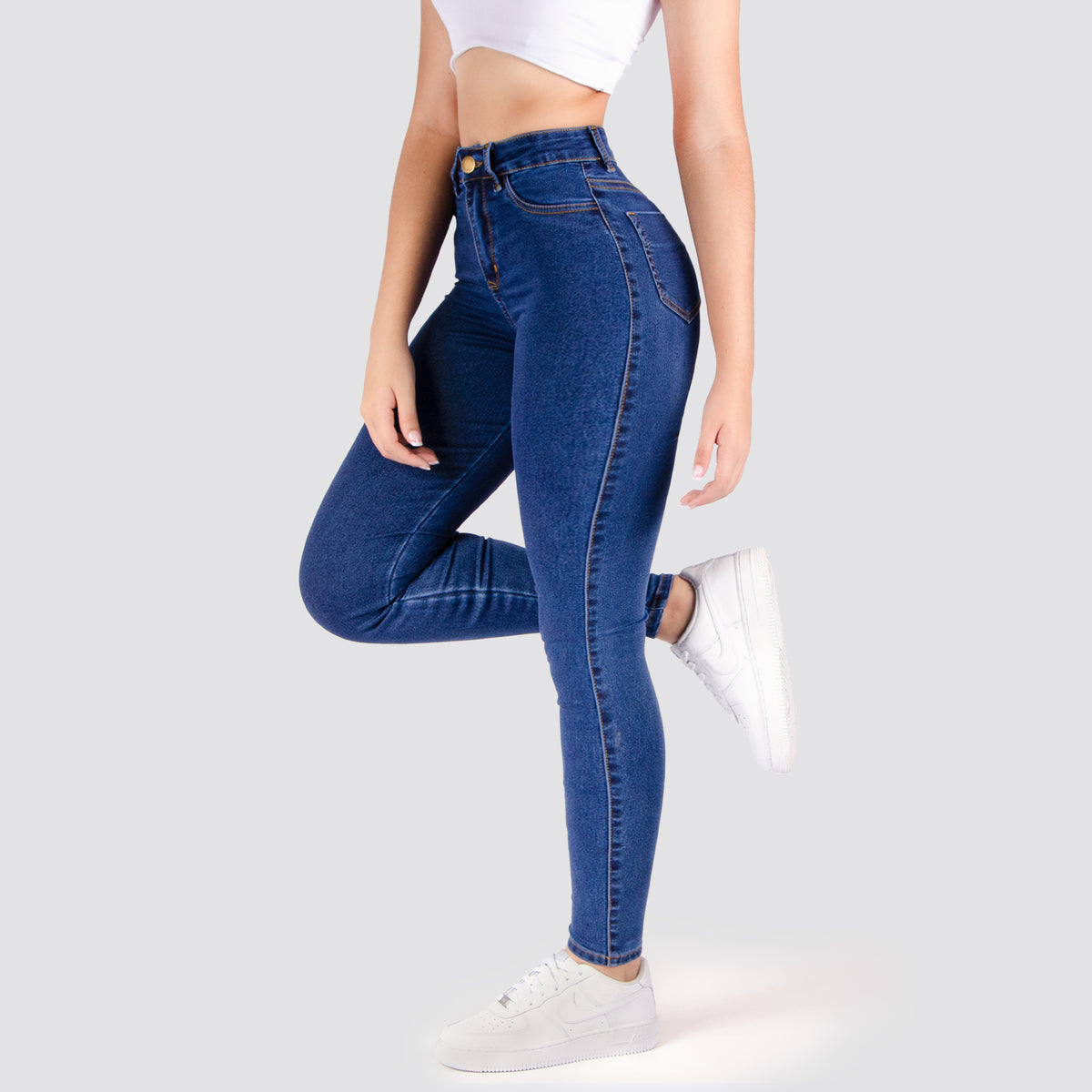 Jeans Skinny Tiro Alto Tono Medio Basic