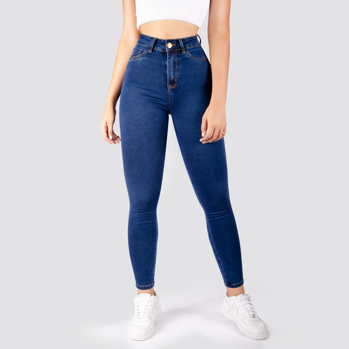 Jeans Skinny Tiro Alto Tono Medio Basic