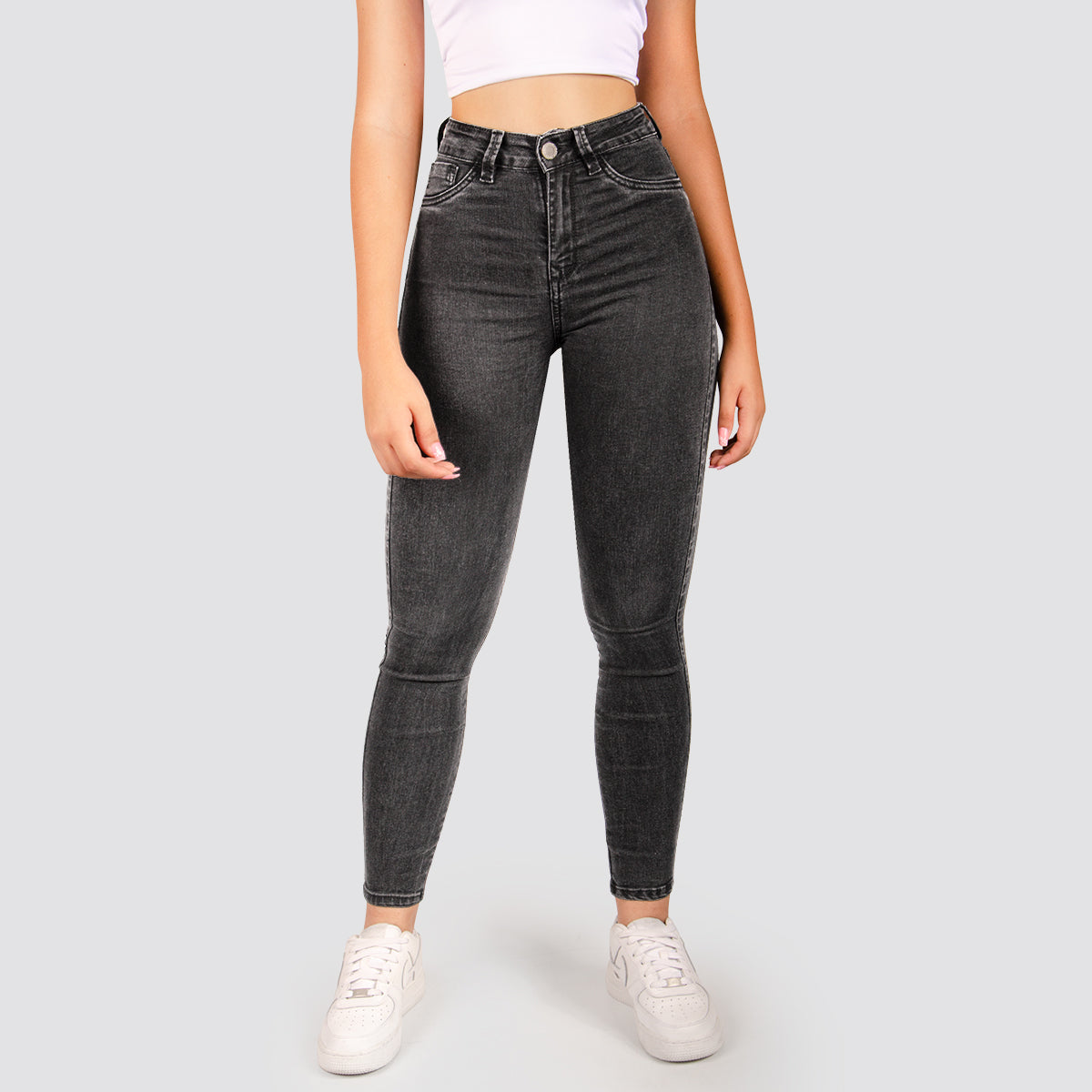 Jeans Skinny Tiro Alto Gris Basic