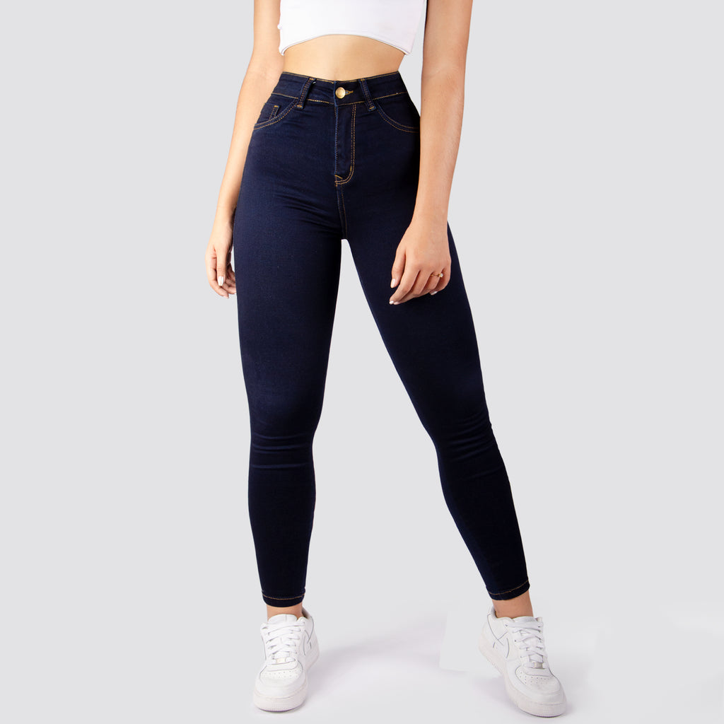 Jeans Skinny Tiro Alto Tono Oscuro Basic