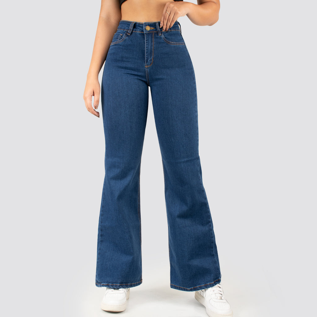 Jeans Mom Flare Tiro Alto Azul Basic