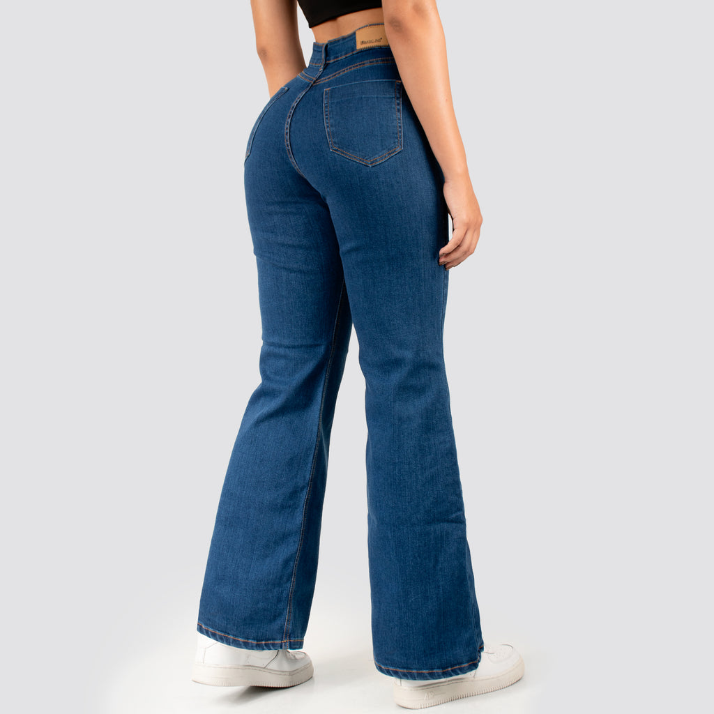 Jeans Mom Flare Tiro Alto Azul Basic