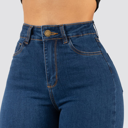 Jeans Mom Flare Tiro Alto Azul Basic