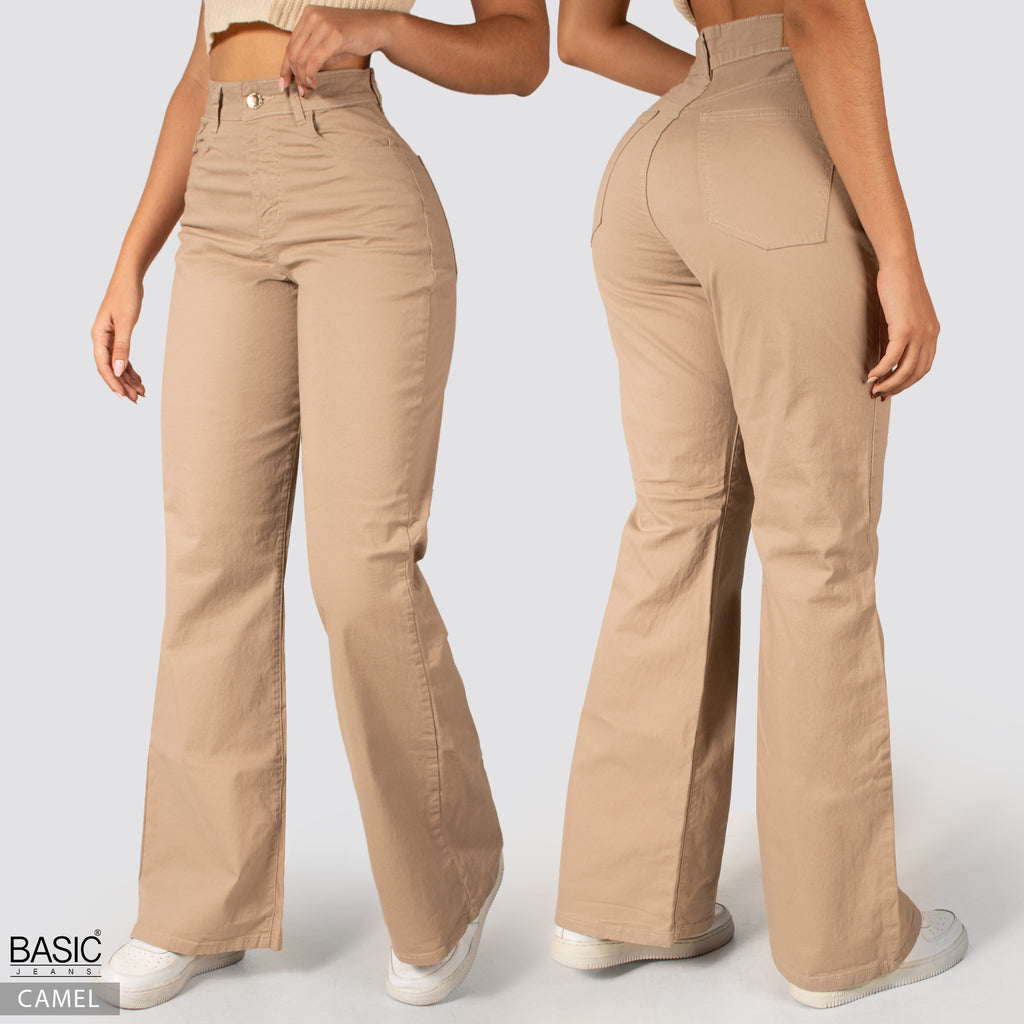 Jeans Mom Flare Tiro Alto Camel