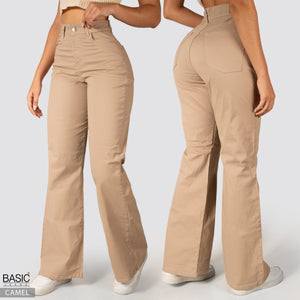 Jeans Mom Flare Tiro Alto Camel