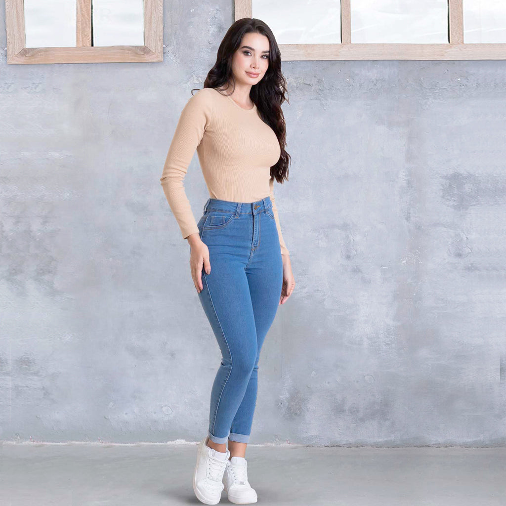 Jeans Skinny Tiro Alto Tono Claro Basic