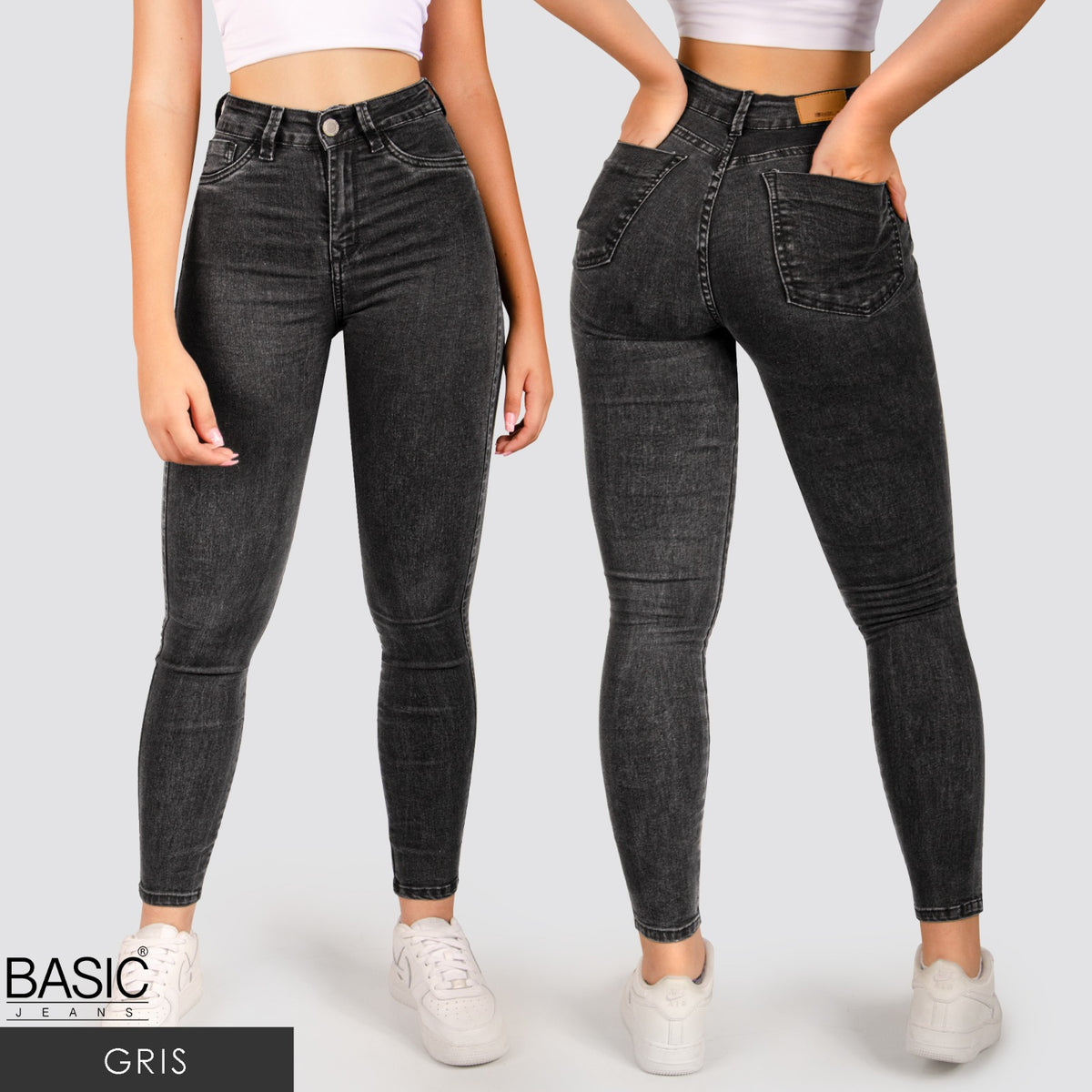 Jeans Skinny Tiro Alto Gris Basic