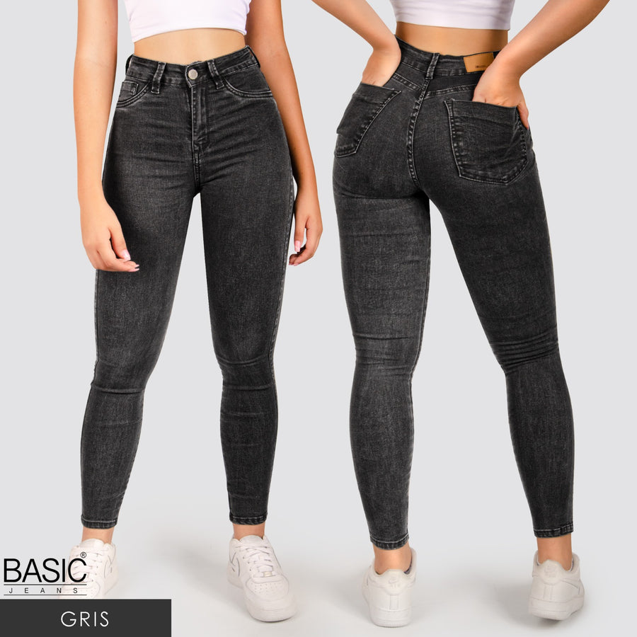Jeans Skinny Tiro Alto Gris Basic