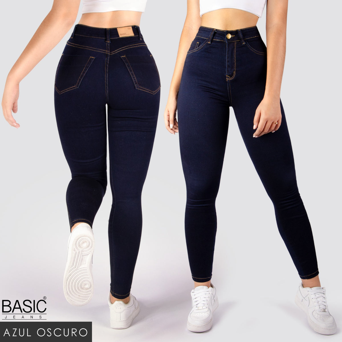 Jeans Skinny Tiro Alto Tono Oscuro Basic