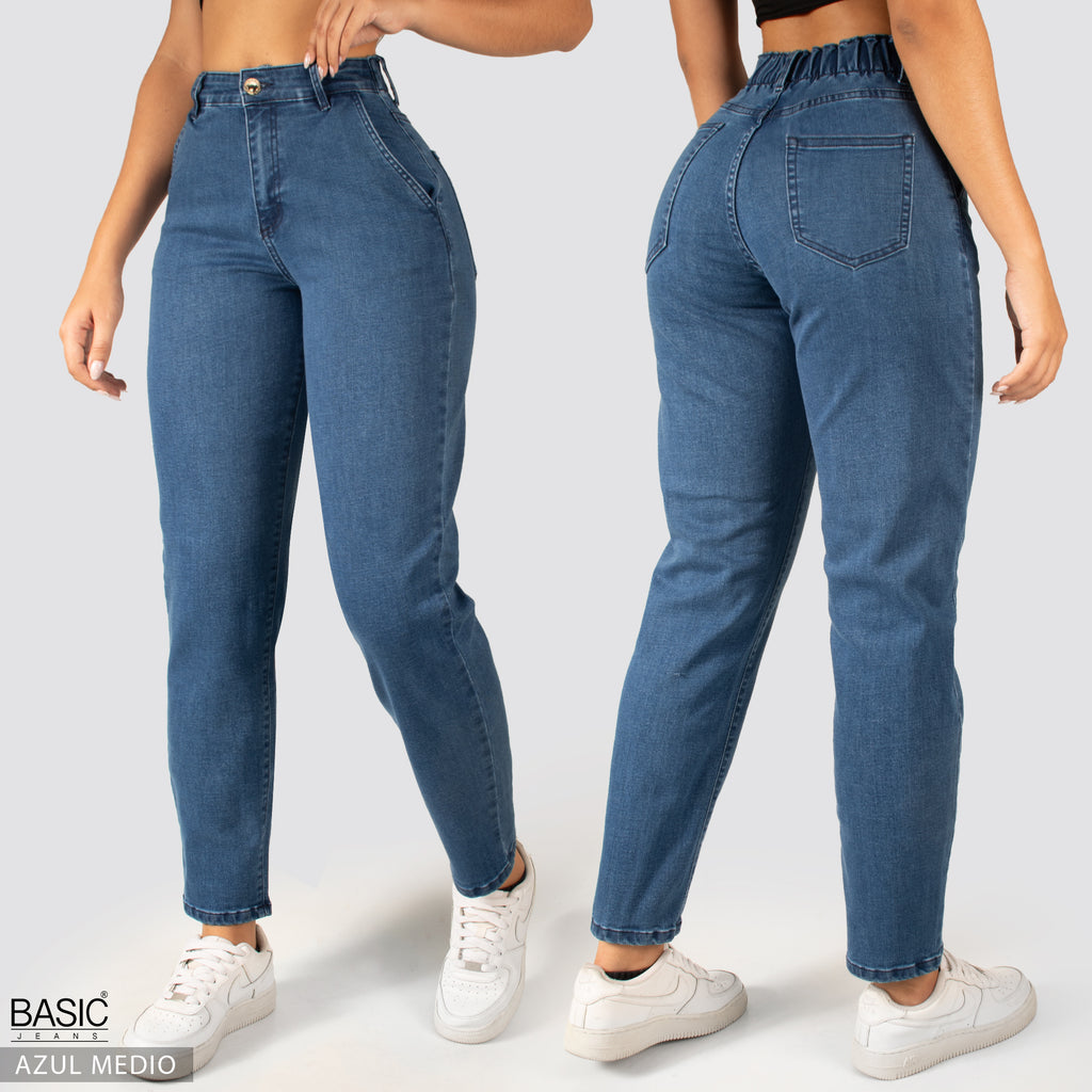 Jeans Mom Fit Tiro Alto Azul medio