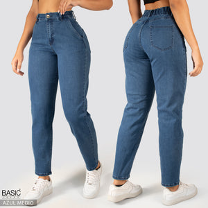 Jeans Mom Fit Tiro Alto Azul medio
