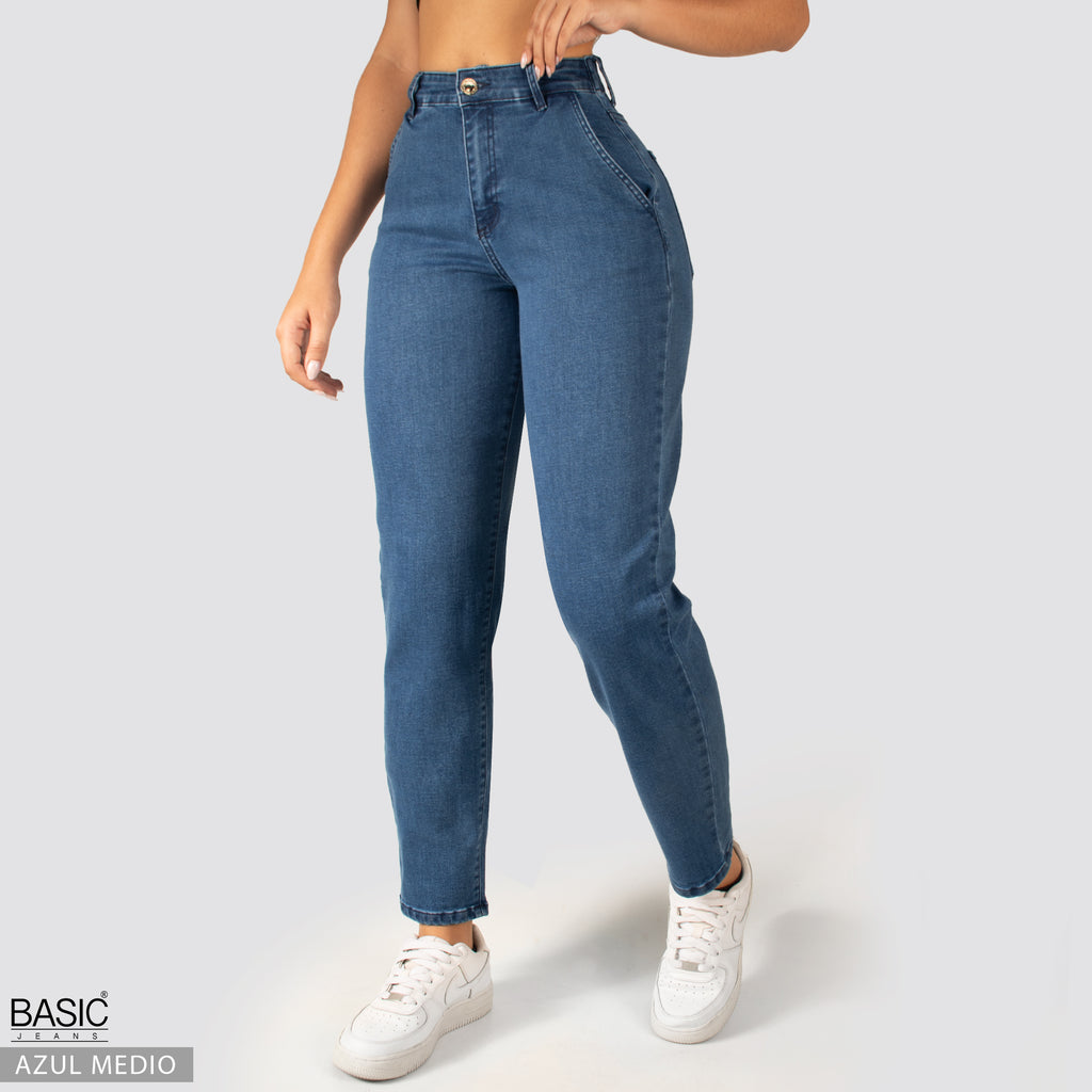 Jeans Mom Fit Tiro Alto Azul medio