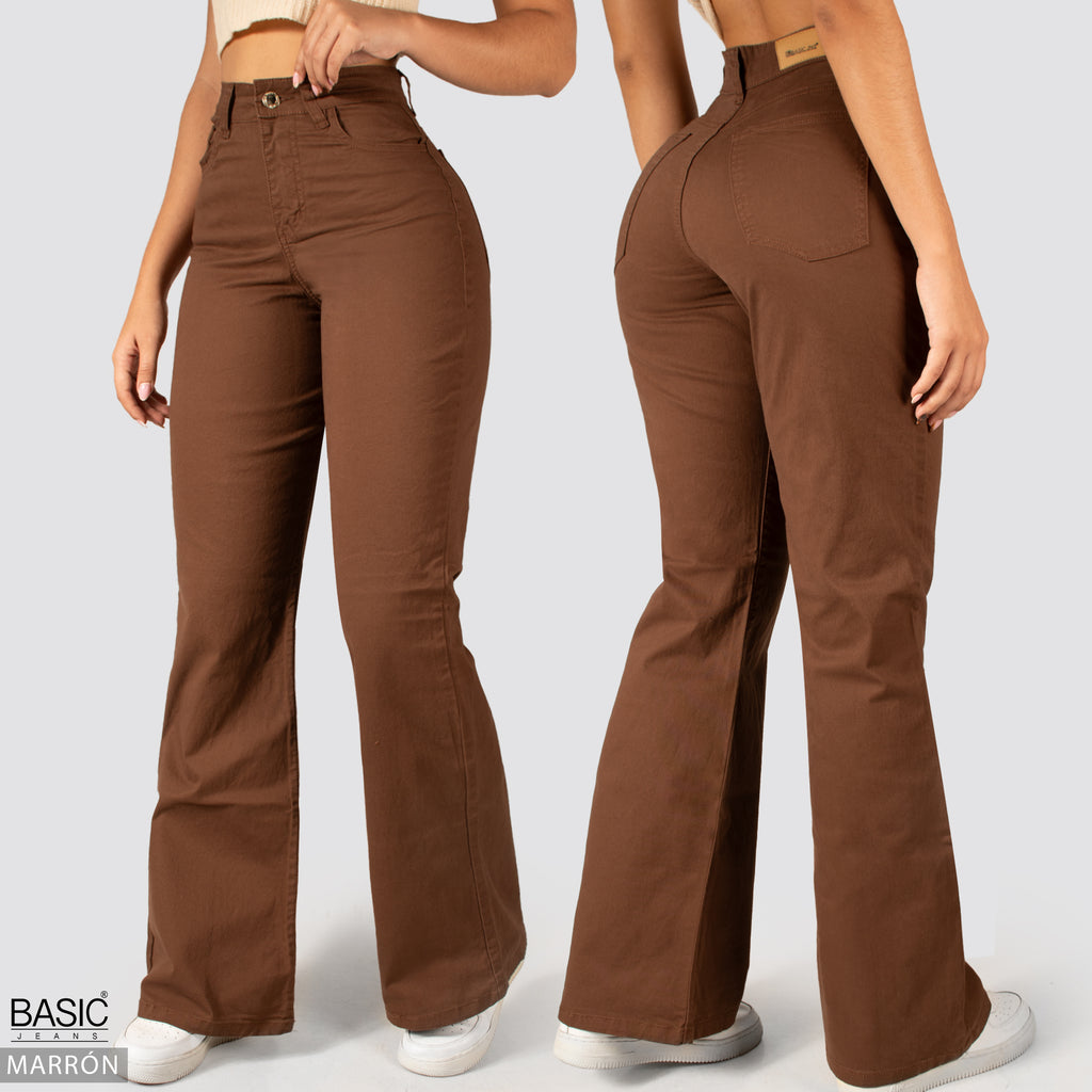 Jeans Mom Flare Tiro Alto Marron